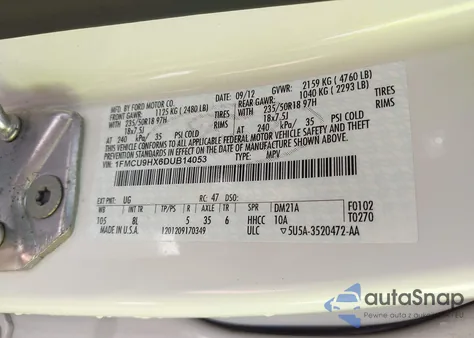 2013 Ford Escape Sel z USA, uszkodzony, nr VIN 1FMCU9HX6DUB14053